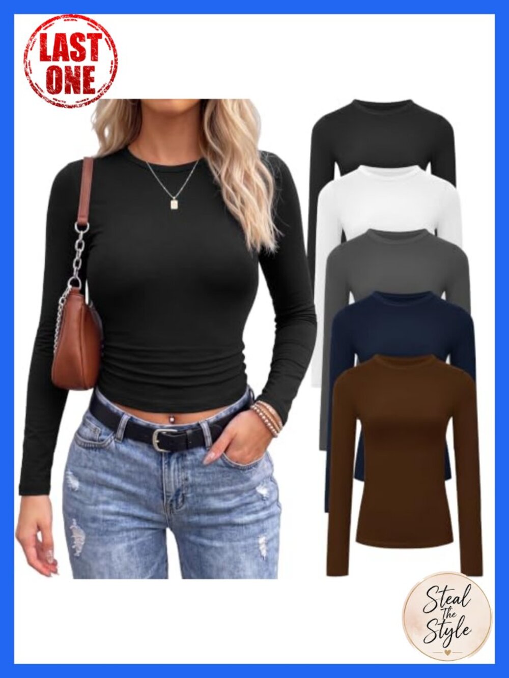 5 Pack Long Sleeve Shirts Women Slim Fit Crew Neck Polyester Spandex Basic Tops